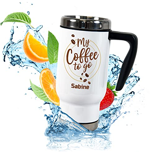 Thermobecher personalisiert „My Coffee to go“ - ToGo Kaffeebecher mit Namen - 470ml mit Handgriff - bedruckt mit lustigem Spruch - Geschenke für Kollegen Frauen Männer zum Geburtstag fürs Auto