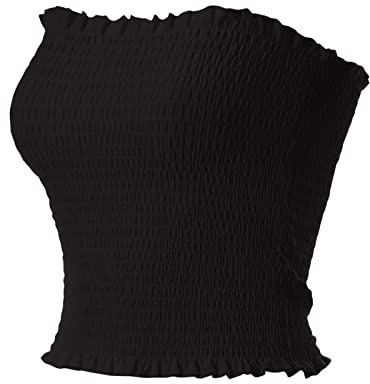 MixMatchy Women's Casual Basic Smocked Tube Tops Stretch Bustier Bandeau Crop Top Black L