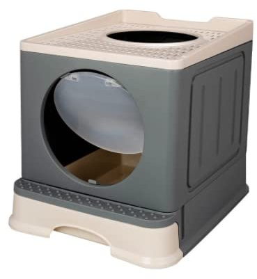 Caja de Arena para Caja de Arena Plegable Grande con Tapa, Bandeja de cajón y Pala de Arena Fácil de Limpiar Gran Capacidad (48 * 39 * 34cm-Gris)