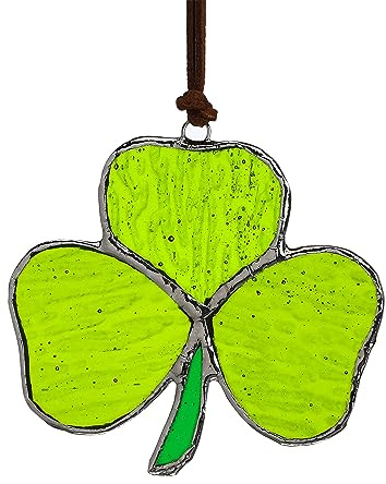 KRISININE Handmade Stained Glass Shamrock Sun Catcher Irish Suncatcher St. Patrick's Day Decor for Home Green Clover Flower Stained Glass Window Panels 3inch
