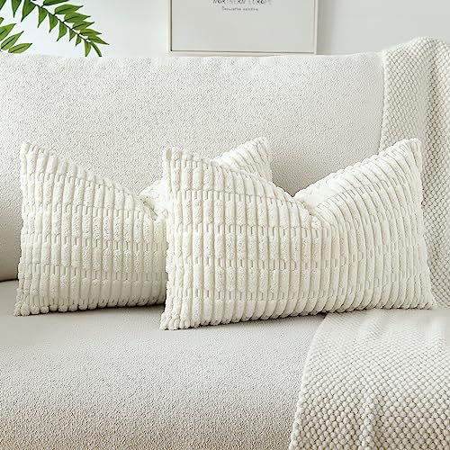 JOTOM Set of 2 Corduroy Soft Striped Cushion Covers 30x50 cm Boho Decorative Throw Pillow Covers Lumbar Cushion Case Couch Home Decor Pillowcases for Sofa Bedroom 12x20 Inch (Cream White)