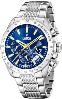 FESTINA Reloj Hombre Analógico de Acero Inoxidable 316l Plateado - Movimiento de Cuarzo - Cronógrafo - Calendario - Cristal Mineral Resistente - Resistente al Agua 10 ATM F20668/2 Timeless Chronograph