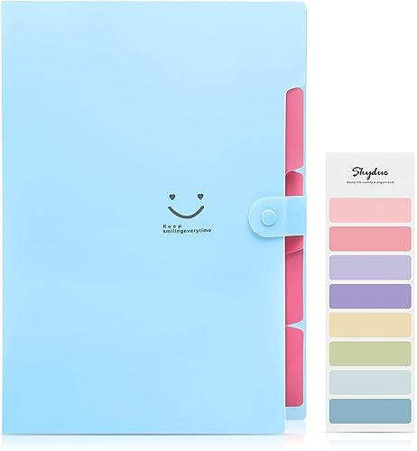 SKYDUE Fächermappe, Dokumententasche A4 Mit Bunten Labeln, Erweiterbar Ordner Mappen Ordnersystem Mit Druckknopf, Dokumentenmappe Für Büro Hause Schulalltag (Hellblau, 5 Tasche)