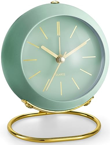 Lesipee Analoger Wecker, Ohne Ticken mit Nachtlicht, Salbei grün Dekor Batteriebetrieben, Modischer Runder Metall Wecker für Büro, Schlafzimmer, Ältere, Erwachsene, Kinder, Geschenke für Mädchen