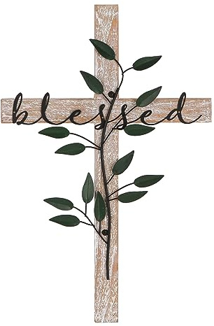 NIKKY HOME Wall Cross, Rustic Wooden Cross With Metal Leaves, Farmhouse Cross Decor, Bless Our Family Christian Decor Spiritual Religious Gifts