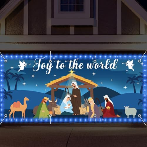 YLOLUL 6 x 13 ft Holy Nativity Christmas Garage Door Banner - LED String Lights Outdoor Holiday Religious Christmas Backdrop Decoration