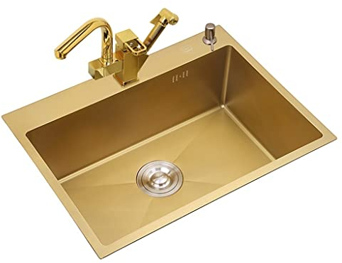 Küchenspüle, goldenes Spülbecken aus Edelstahl 304, Einzelbecken, Unterbaubecken, Einbauwaschbecken (Farbe: Gold, Größe: 60 x 45 cm)