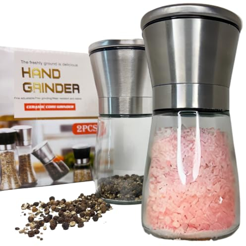 LAKS.ME - Macina Pepe, Macinasale, Macinaspezie, Set da 2, Saliera e Pepiera Manuale in Vetro e Acciaio Inox