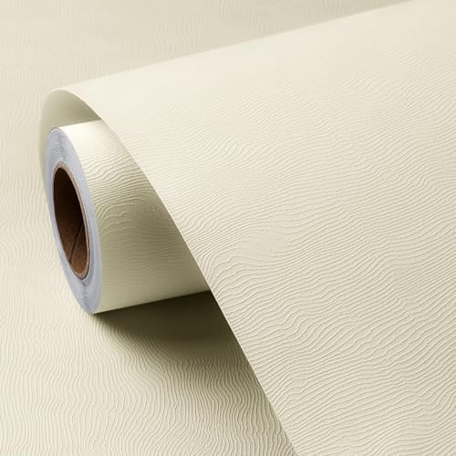 FunStick Thick Beige Fabric Wallpaper Peel and Stick Textured Cream for Bedroom Bathroom Paintable Removable Contact Paper for Cabinets Walls Waterproof 15.8x80