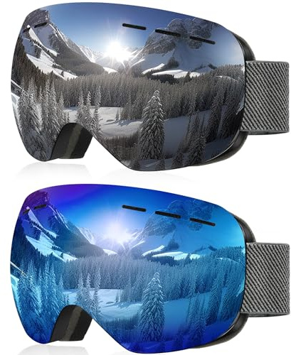 NSSIW Ski Goggles for Men Women Youth, OTG Snowboard Goggles Snow Goggles with Anti Fog and UV Protection Over Glasses 2 Pack
