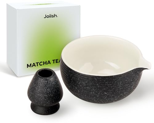 Joiish Matcha Bowl with Spout, Ceramic Matcha Bowl and Whisk Holder Set, Matcha Mixing Bowl for Whisking Matcha, Charcoal Grey (18 Ounce)