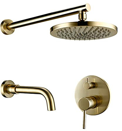 JDSHFEN Luxuriöser Duschhahn aus Goldmessing, rund, Duschset für Badezimmer, gebürsteter Wasserhahn, Regendusche, Wandmontage, Kopfbrause, Mischbatteriesystem, 12-Zoll-Dekoration (10 Zoll)