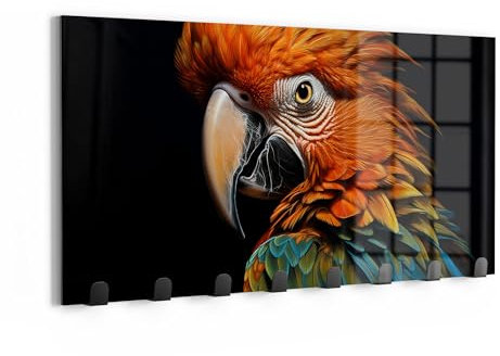 DEQORI Wandgarderobe Glas & Metall | Motiv Prachtvogel Portrait | 60x30 cm | Design Haken-Leiste modern | Garderoben-Paneel für Flur, Wohnzimmer & Schlafzimmer | magnetisch & beschreibbar