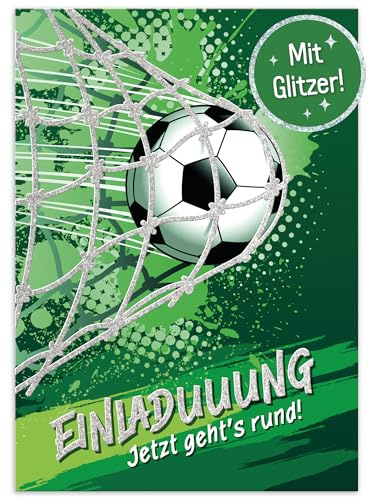 Häfft® 12 x Einladungskarten Kindergeburtstag A6 Fußball Tor | Party-Einladungen für Kinder, Geburtstags-Einladungen, 350 g/m²-Postkarten mit tollem Glitzer-Effekt für extra Vorfreude