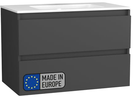 BadeDu Gers Waschbecken mit Unterschrank – 80 cm Breit, Keramikwaschbecken in Weiß mit Waschbeckenunterschrank in Matt Grau, Soft-Close-System