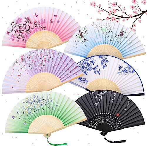 GWHOLE 6 Stück Fächer Hochzeit Handfächer Bunt Hochzeitsfächer aus Seide und Bambus Taschenfächer 6 Verschiedene Farben Faltfächer für Geschenk Hochzeit Wand Dekoration Partys Geburtstag Deko Sommer