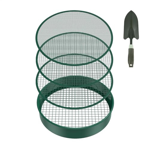Rundes Sieb für Gartenerde, Gartenarbeit, Metallsieb, Kompost, Sandsieb – Anfänger, Profis, Ausrüstung mit 4 Filtergittern und Schaufel für Bauernland, Gewächshaus