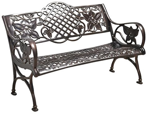 Generico Panca da giardino a 2 posti, panchina da esterno in alluminio antico con schienale a forma di fiore e braccioli per parco, terrazzo, balcone, carico 300kg