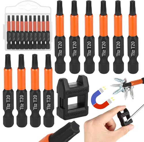 10 Stück T20 Bit Lang, 50mm, 1/4 Sechskantschaft, S2 Stahl Phosphid | Torx Bit T20, Schwarz, mit Magnetisierer und Box, fur T-Profil Schrauben, Bohrhammer, Akkuschrauber