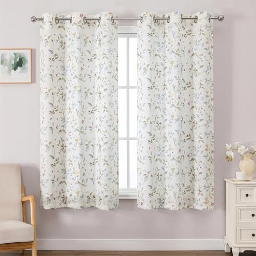 OWENIE Tende con stampa floreale per camera da letto e soggiorno, lunghezza 160 cm, set di 2 pannelli, in misto lino morbido che filtra la luce, tende rustiche con occhielli e design a foglie, ognuna