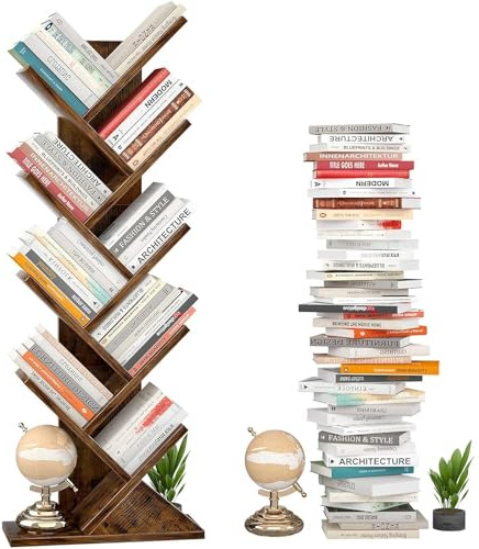 iSunirm Libreria ad Albero,Libreria Scaffale a 9 Ripiani,Mobile da Studio per Libri, CD,Moderna Autoportante Libri per Soggiorno, Studio, Ufficio,Marrone Vintage