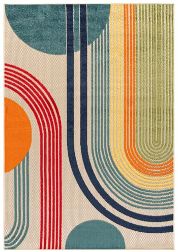 Mazovia Alfombra Beige Alfombra Exterior/Interior Geométrico - Balcón, Terraza, Patio, Pabellón, Cocina - Pilas Cortas Rectángulo Certificado Oeko-Tex® Impermeable - Colorido - 80 x 150 cm