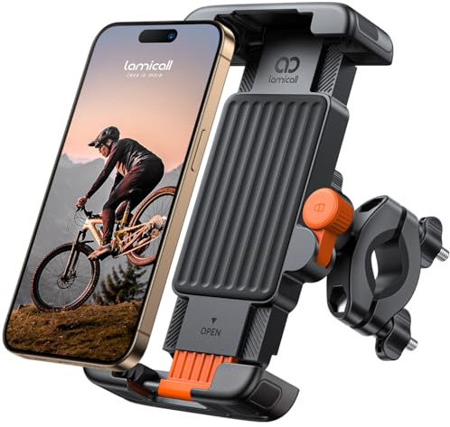 Lamicall Bike Phone Holder Bicycle - 【Metal Clamp】 Motorbike Phone Holder, Universal Motorcycle Handlebar Clamp Mount for iPhone 17 16 15 14 13 Pro Max Mini Air, Samsung S25 Ultra, All Phones - Orange