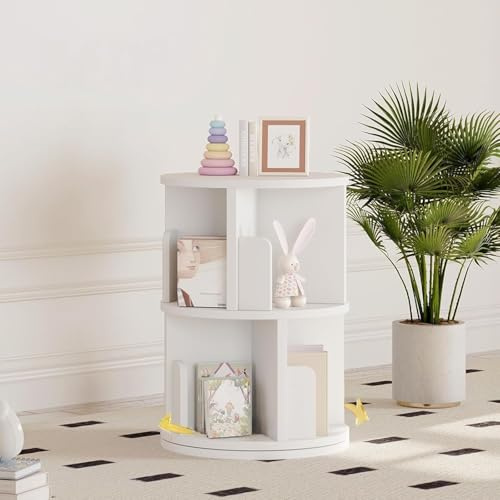Nordivale Drehbares Bücherregal 360° Frei, Brehregal Düroregal Weiß, Bücherregal Kinder, für Wohnzimmer, Arbeitszimmer, Büro, als Raumteiler, 2 Ebenen
