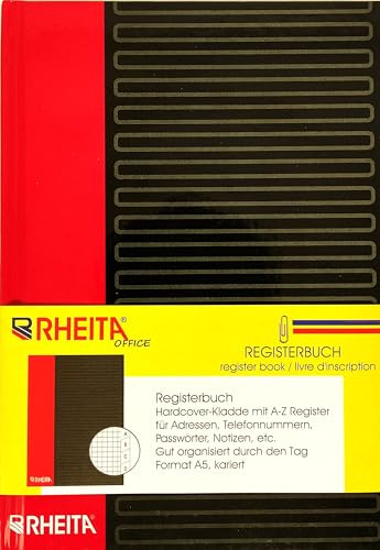 Rheita Registerbuch, Passwortbuch, Adressbuch DIN A5, 96 Blatt kariert, 90g/m², schwarz/rot
