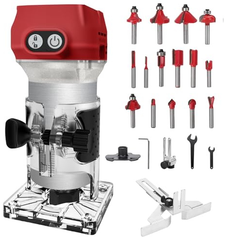 Akku Oberfräse kompatibel mit Milwaukee 18V Akku, 800W Bürstenloser Kantenfräser tragbarer Handfräser für die Holzbearbeitung, Akku Holztrimmer mit 15 Stück 1/4 Fräser Set (ohne Akku)