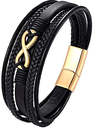 HUIANGLIYG Bracciale infinito in Vera Pelle per Uomo, Multistrato, intrecciato, con Numero 8, Simbolo Dell'Amore, Regalo da Moglie A Marito, Oro 23 Cm