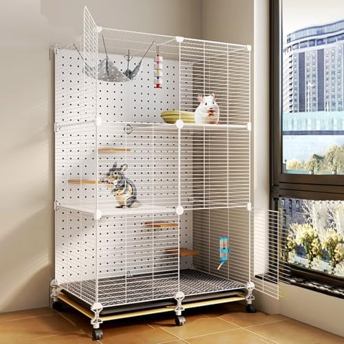 Chinchillakäfig, kausicherer Meerschweinchenkäfig, Metallrahmen mit Rädern, 3-stufiger Lebensraum, Trennwand for 2–3 Kleintiere(White)