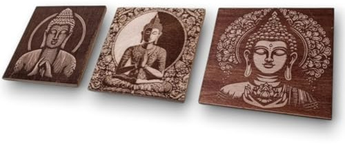 grabewood Set di 3 Quadri Buddha in Legno Intagliato | Decorazione da Parete Spirituale e Zen | Arte Orientale, Etnica e Feng Shui | Quadri Decorativi con Supporto da Appendere per Soggiorno o Camera