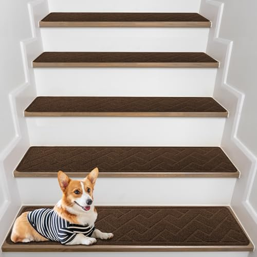 RIZENCE 15Pack Anti-Slip Stair Carpet Treads, 76x20cm Stairs Runner Carpet Treads, Reusable Stair Mats Self Adhesive, Stair Protection Mats for Kids Elders Pets, Machine Washable, Cutting (Brown)