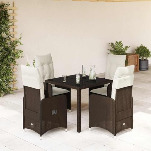 Set di bistrò da giardino in polyrattan marrone con cuscino, poltrona relax regolabile, tavolo in vetro, per esterni, terrazza, balcone, cortile