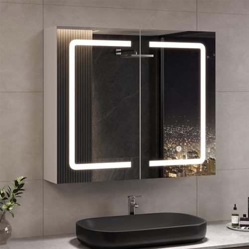 DICTAC Spiegelschrank Bad mit Beleuchtung und Steckdose, 70x16x60cm, Weiß | Badezimmerschrank mit Spiegel und Verstellbarem Regal,Doppeltür Badspiegel,Hängeschrank,Badspiegel,3 Farbtemperatur dimmbare