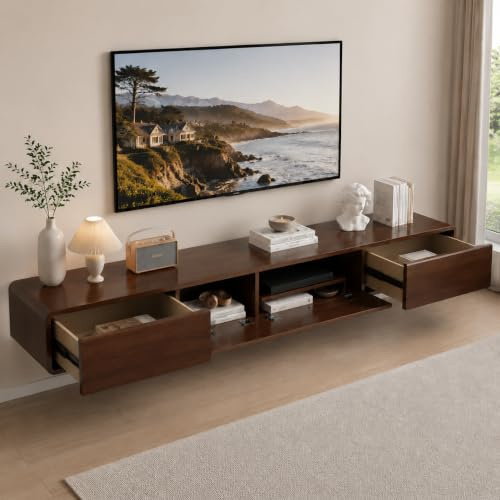 TV Schrank schwebend 200cm,TV Lowboard mit 2 Schubladen und 2 Türen,TV Board Stehend hängend mit Kabelmanagement,Fernsehtisch für 80-Zoll Fernseher,TV Tisch für Wohnzimmer, Schlafzimmer,Walnussoptik
