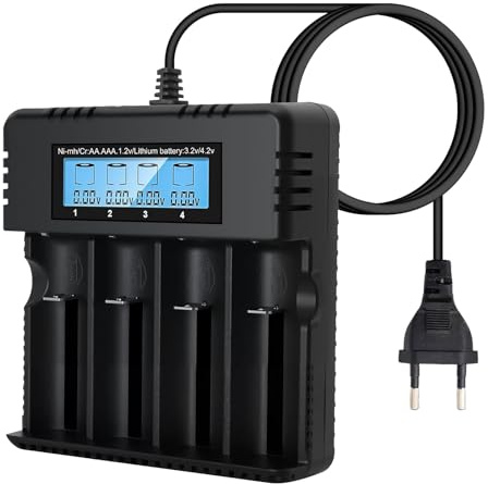 Pixelure Cargador de Batería con LCD, Cargador de Batería Li-Ion de 4 Ranuras con Carga Rápida Inteligente, para una Variedad de Baterías de Iones de Litio 3,7 V 26650/18650/14500/16340 (Large)