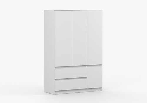Fabryka Mebli Idźczak Drehtürenschrank 120 cm breit Weiß, 4 Türen 2 Schubladen, Einlegeböden & Kleiderstange, 16 mm Laminatplatte, ABS-Kanten, Schlafzimmer Kinderzimmer