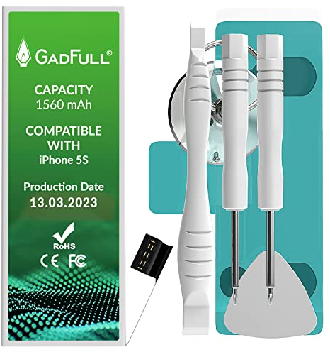 GadFull Batteria compatibile con iPhone 5S | 2025 Data di produzione | Manuale Profi Kit Set di Attrezzi | Batteria di ricambio senza cicli di ricarica | Con tutti gli APN originali