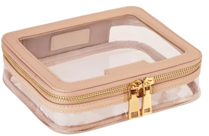 Luneia Waterproof Clear PVC Toiletry Bag with Zipper - Cosmetic and Makeup Organizer for Travel Bathroom Men & Women - Vegan Leather Mocha