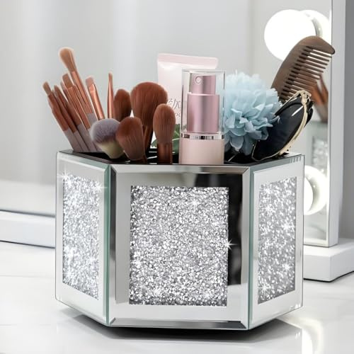 VOHJD Rotatable Multifunctional Jewelry Utensil Holder Hexagon Jewelry Make up Organizer Cups Crush Diamond Mirror Decor, brush/office pen cup holder Eyeliners Display Case for Vanity