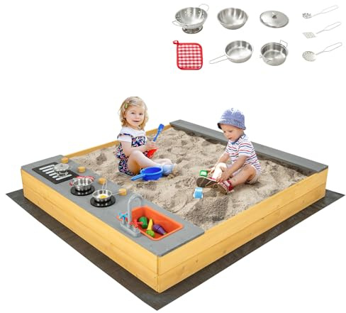 COSTWAY 2 en 1 Bac à Sable Enfant Extérieur avec 9 Accessoires et Évier et Barbecue, Bac à Sable en Bois Sapin avec Doublure Inférieure et Banc, Cuisine pour Jardin Maison Plage, 3-8 Ans
