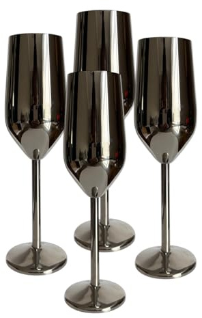 Laurie's Pub and Bar Accessories Set of 4 Stainless Steel Champagne Glasses | 220ml | Unbreakable Champagne Flutes (Silver)