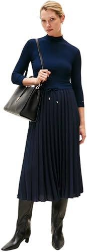Tommy Hilfiger Donna Abito Slim Rib Mix Midi, Blu (Dark Night Navy), L
