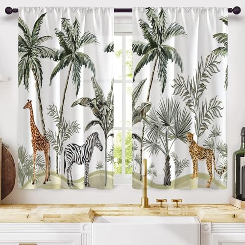 Highdi 2 Stück Kurzgardine Modern Wohnzimmer Küchen, Tiere Printing Kurzer Vorhang Fenster Durchscheinend Fenstergardinen, Bistrogardine Stab Tasche Halbe Fenster (Leoparden,W80xL100cm)