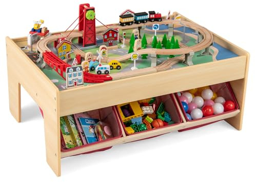 FANTASK 94-teiliges Holz Aktivitätstisch, Spieltisch mit 2 wendbaren Tischplatten, 3 Stoffschubladen, 2 in 1 Eisenbahn-Set zum Spielen für Kinder ab 3 Jahren, Natur