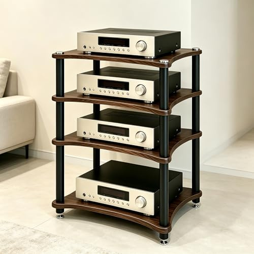RAJYQODIS Heavy Duty Audio Component Rack, Large Storage Space AV Media Stand with Shock-Absorbing Foot pegs, Audio Rack Tower CD Player Stand for Home/Office/Audio Video/Theate (black walnut, 4th)
