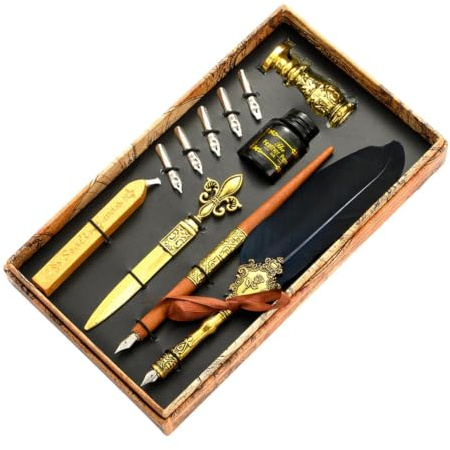 Fjäderpenna och bläckset | Vintage kalligrafi fjäderpenna för att skriva | Uppgraderat vaxtätningsstämpelsats med ersättningsspetsar, Pen Luxury Vintage Signatur Pen Present Set