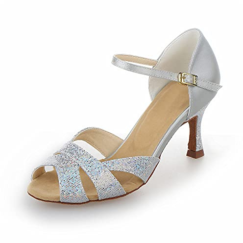 JIA JIA Y2054 dam sandaler utsvängd klack supersatin med paljetter latin dansskor silver, 35, silver, 35 EU